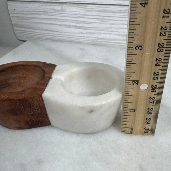 Anthropologie Open Salt and Pepper Bowl Acacia Wood and Marble - Picture 4 of 4